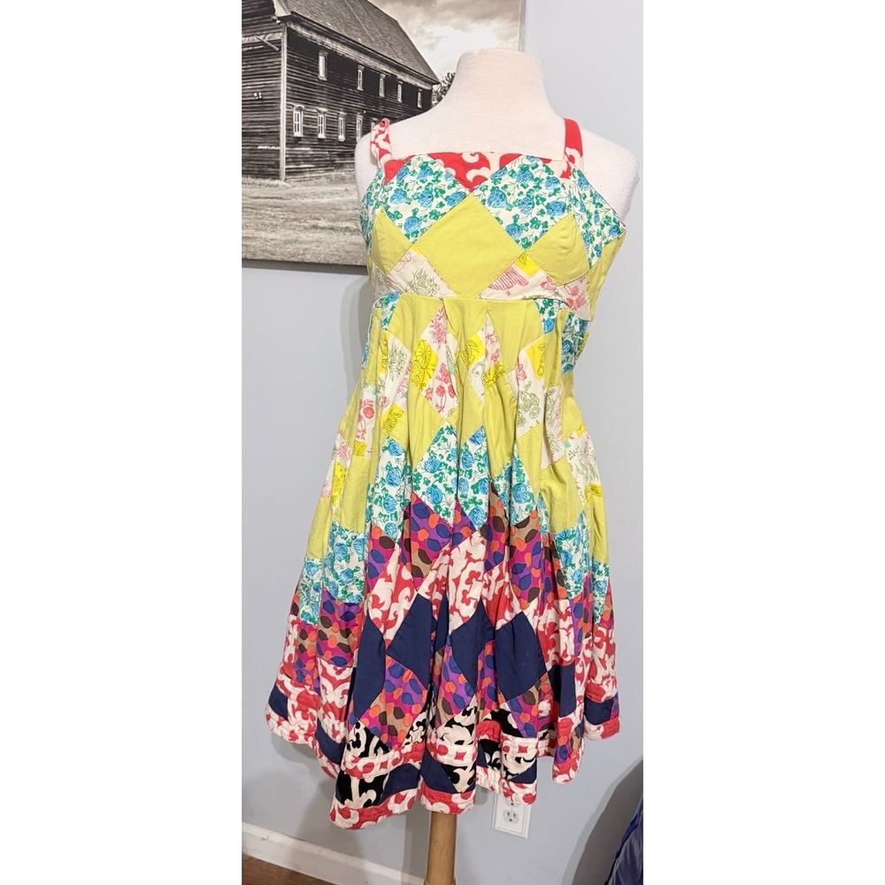 Anthropologie Maeve colorful cotton patchwork tank dress yellow pink blue size 6